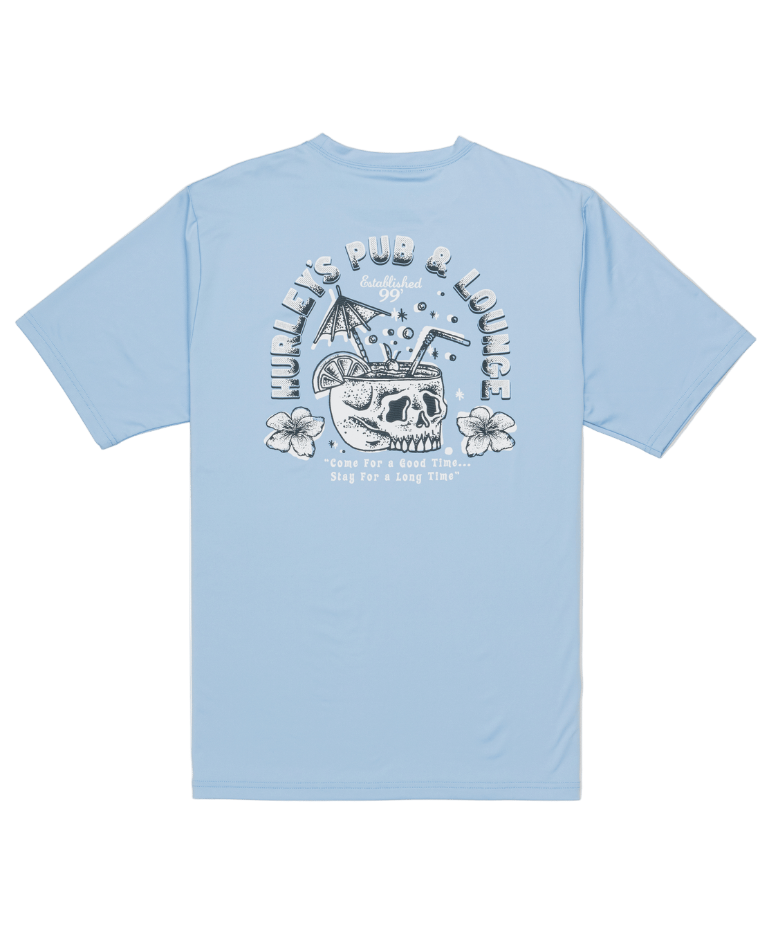 Light blue t-shirt with graphic design on the back against a white background