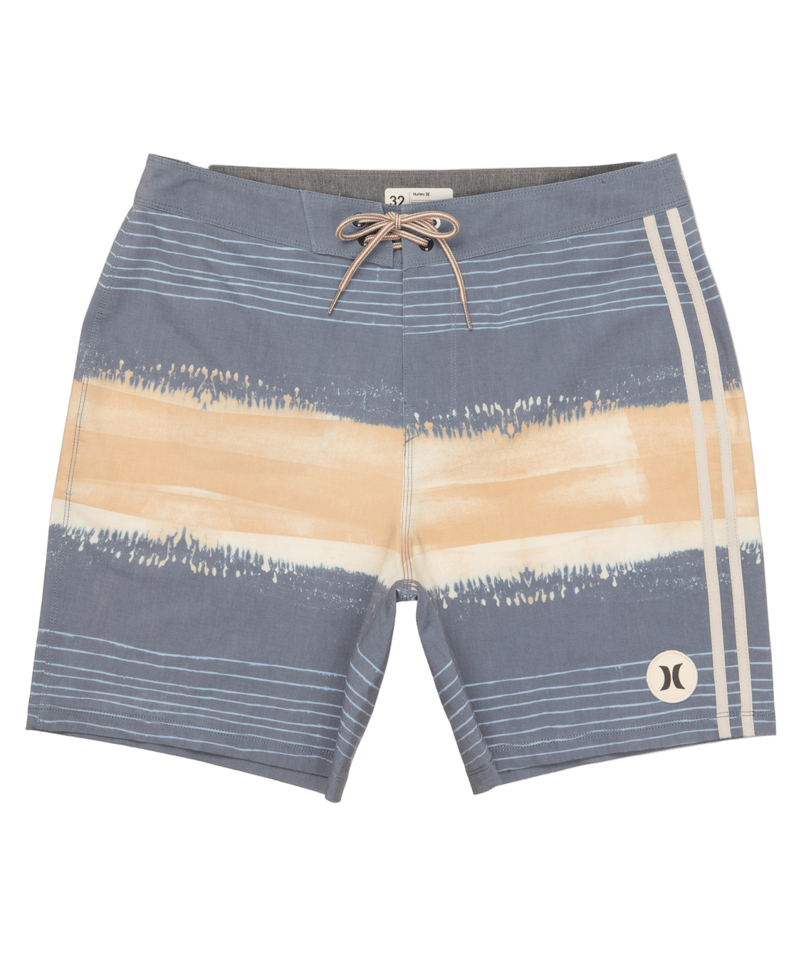 Striped board shorts with a logo on a white background