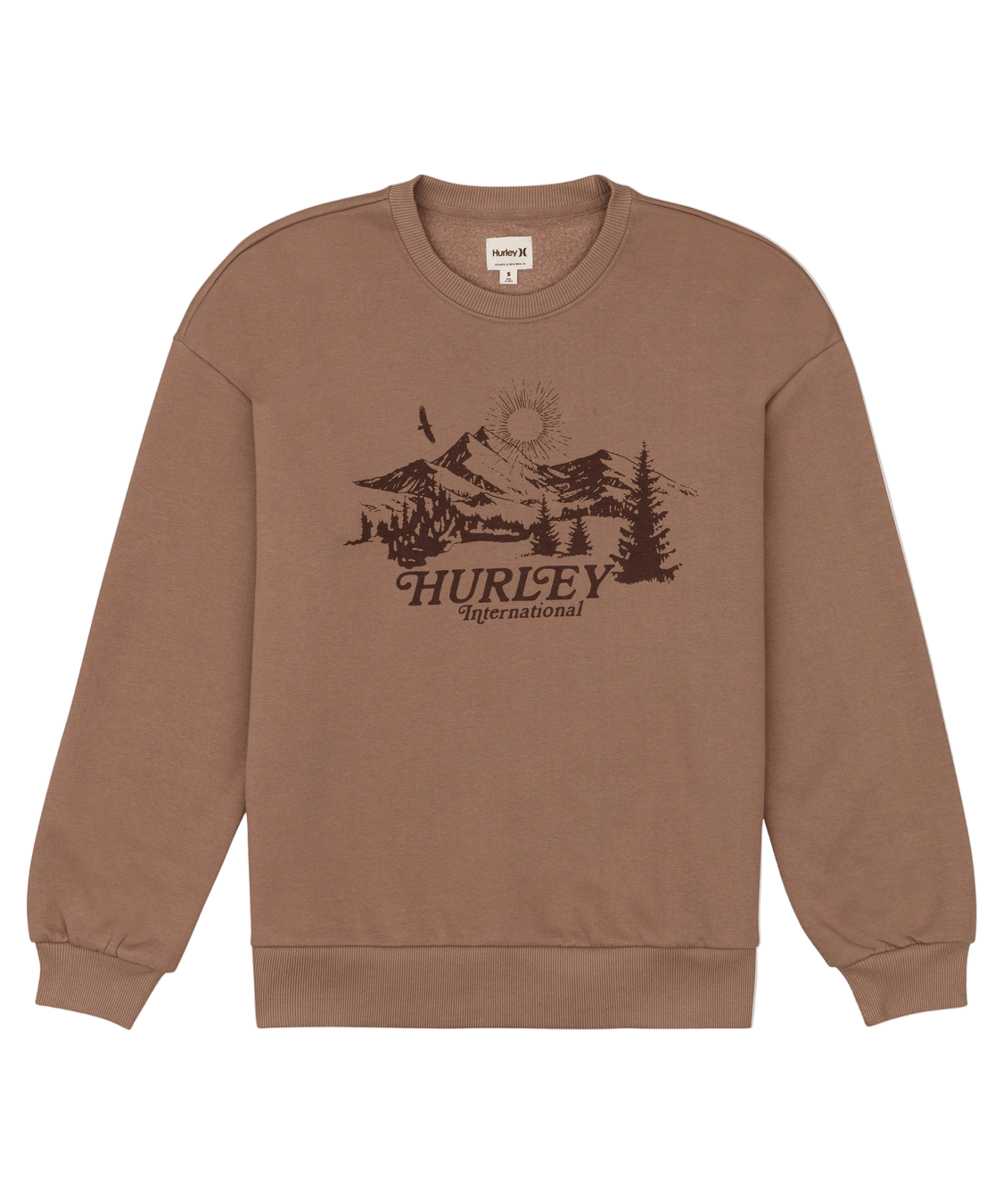 Brown sweatshirt with a graphic design and 'Hurley' branding on a white background
